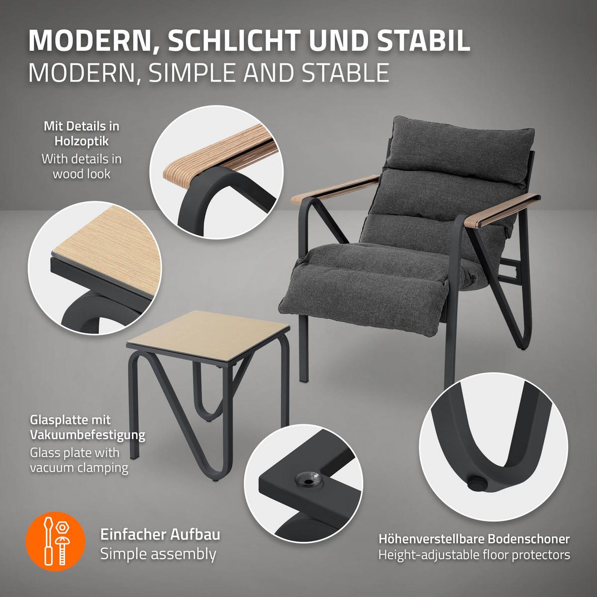 GARTENMÖBEL Set 3 tlg Anthrazit-Grau mit Stahlgestell - Anthrazit/Braun, Textil/Metall - ML-DESIGN