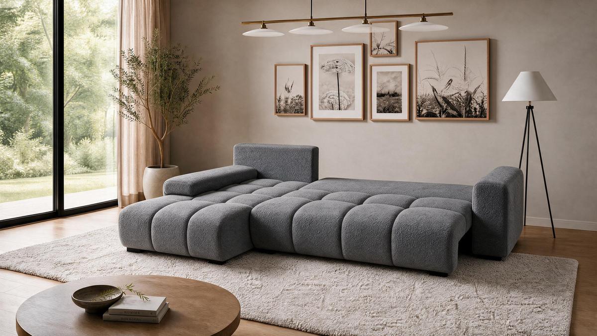 ECKSOFA Ovia mit Bettkasten und Schlaffunktion, Bouclé-Stoff in L-Form - Dunkelgrau, Textil (270/185cm)