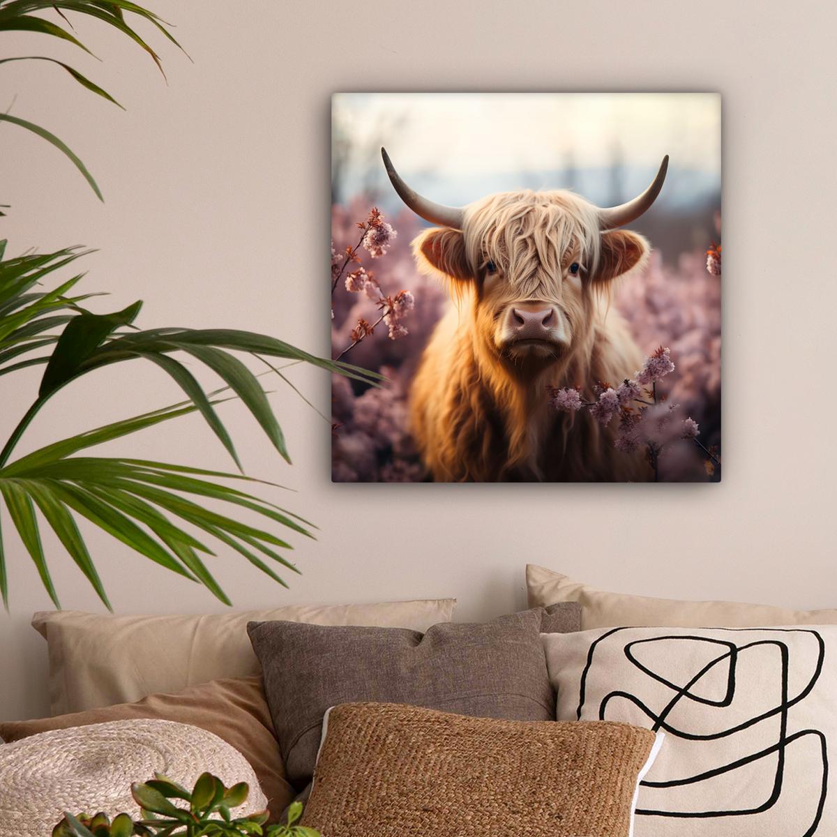 LEINWANDBILD Schottischer Hochländer - Frühling - Hochland Wandbild Wohnzimmer 50x50 cm - Hellrosa, Textil (50/50cm) - MuchoWow
