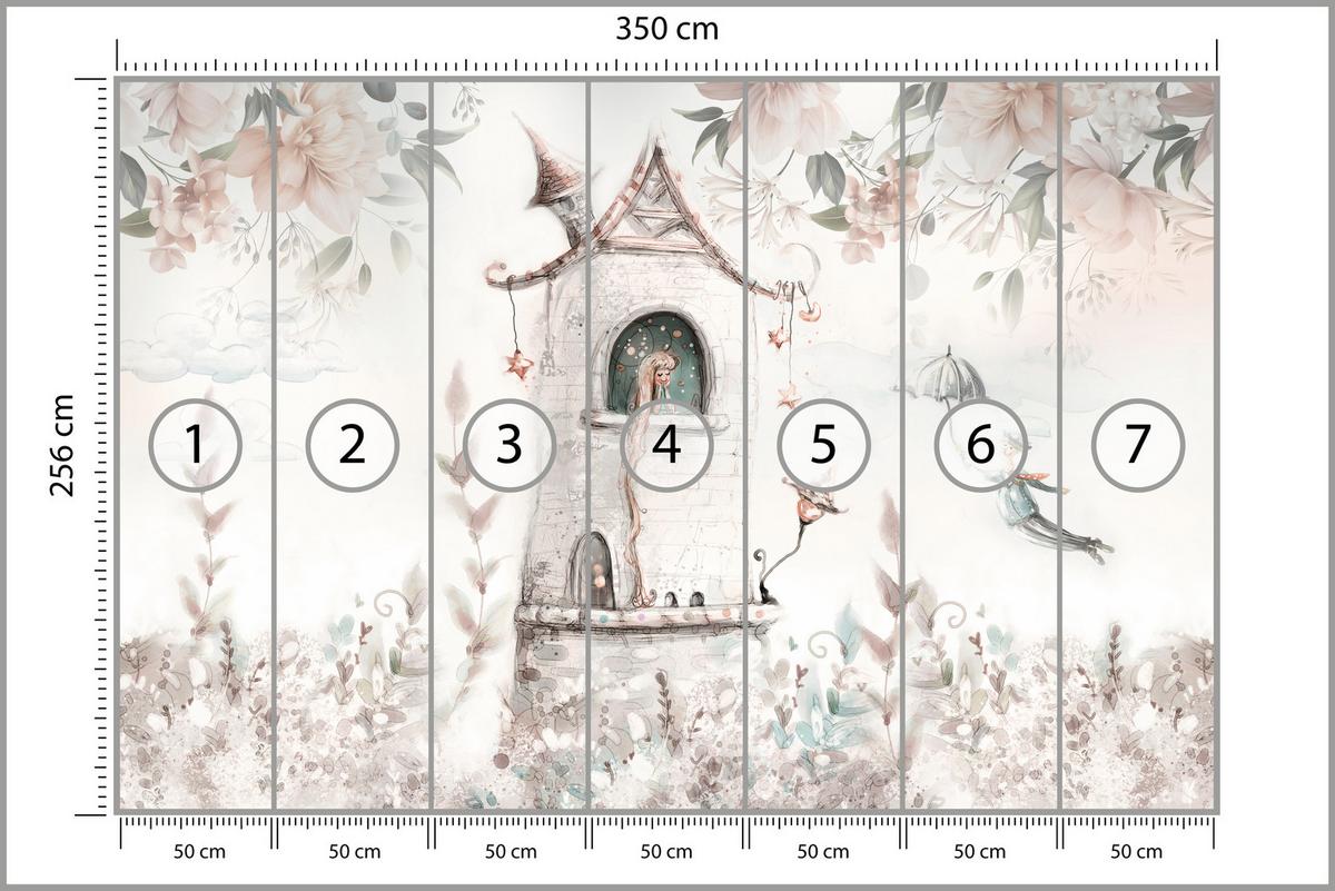 FOTOTAPETE für Kinderzimmer Prinzessin Turm Blumen Pflanzen 350x256 - Multicolor, Papier (350/256cm) - Muralo