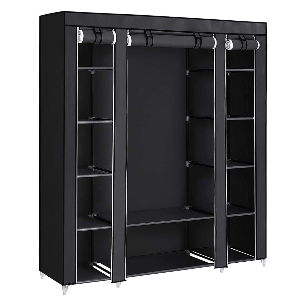 STOFFKLEIDERSCHRANK mit 12 Ebenen und Kleiderstange - L150 cm - Schwarz, Metall (45/175/80cm) - Calicosy