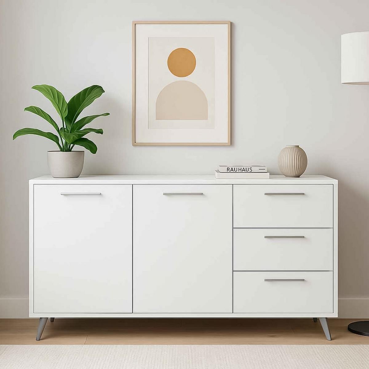 KOMMODE ELISE 140/86/41cm mit 3 Schubladen 2 Türen Weiß - Weiß, Holzwerkstoff (140/86/41cm) - MASSENO