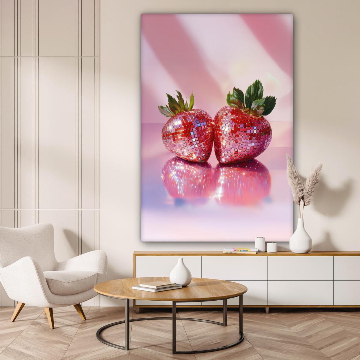 LEINWANDBILD Disco - Obst - Glitzer - Erdbeere Deko Groß 90x140 cm - Pink, Textil (90/140cm) - MuchoWow