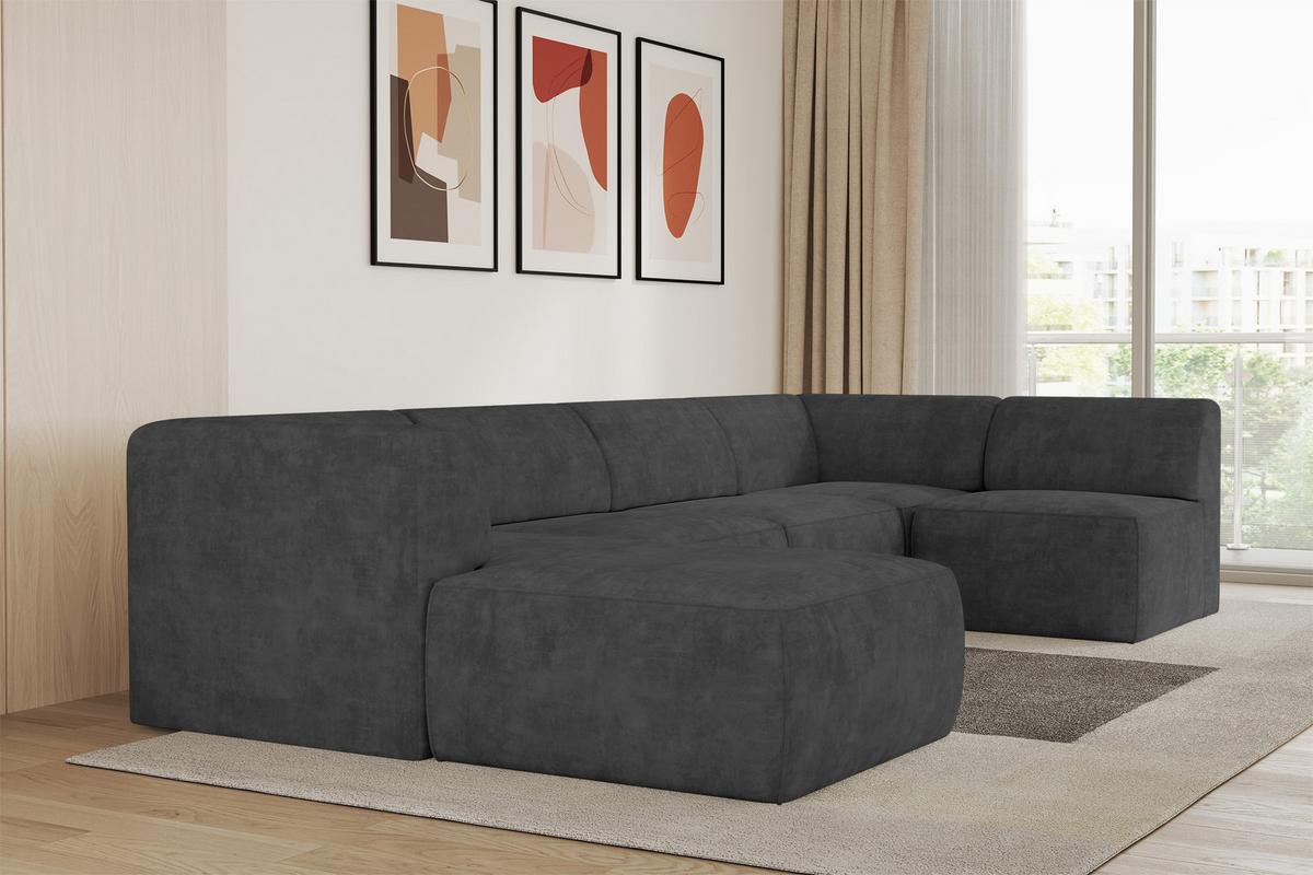 WOHNLANDSCHAFT Ottomane Links MOVO-L 345x180x78 cm Dunkelgrau Velours - Eschefarben, Holzwerkstoff/Kunststoff (345/78/180cm) - ALTDECOR