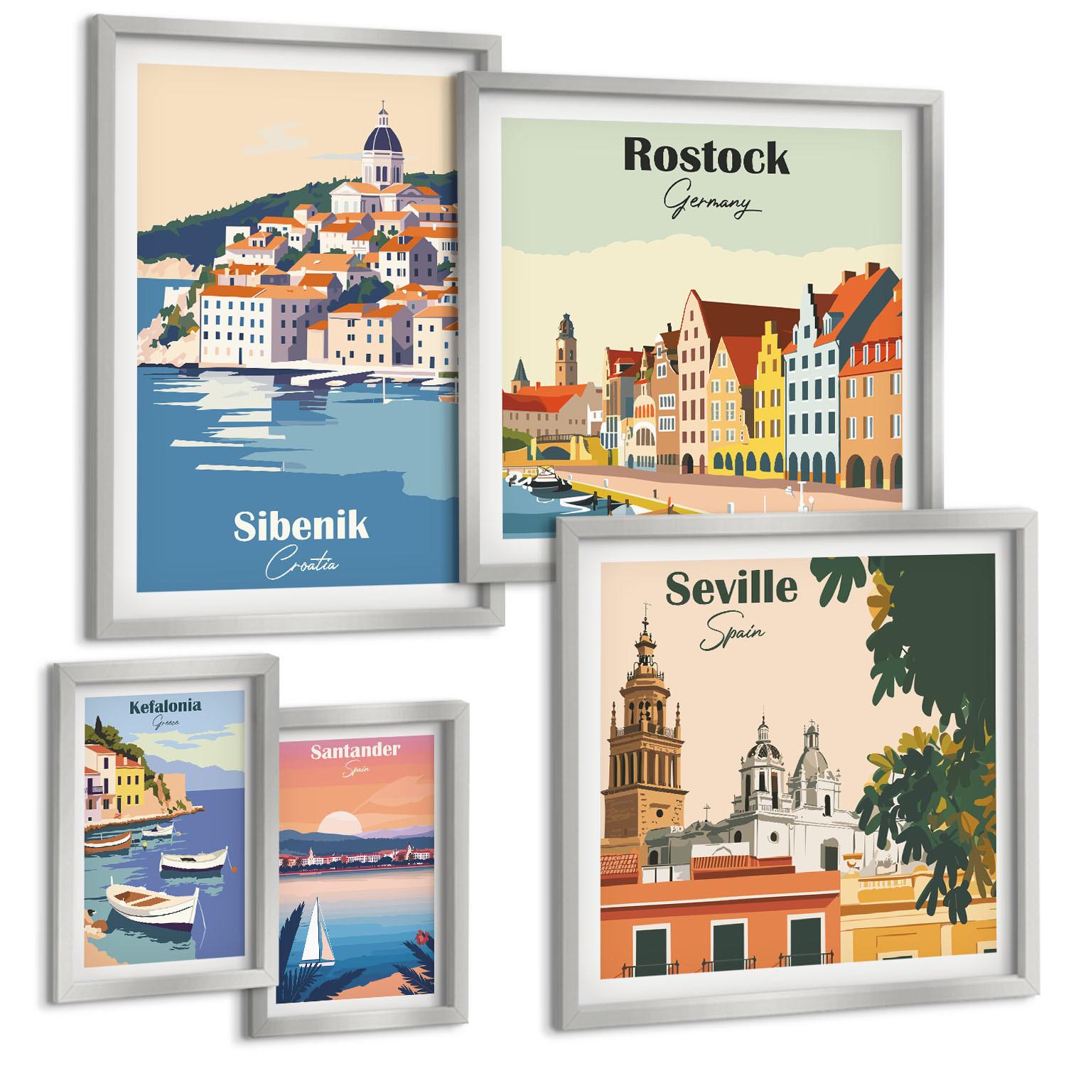BILDER SET 5er Set - 50x50 cm & 20x30 cm & 40x60 cm Silberner Rahmen - Berglandschaften und Städte - Silberfarben, Kunststoff (40/60cm) - TULUP