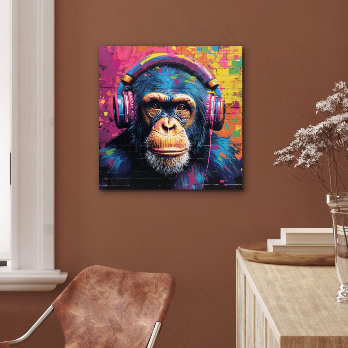 METALLBILD Graffiti - Schimpanse - Straßenkunst - Kopfhörer - Affe 50x50 cm - Blau, Metall (50/50cm) - MuchoWow