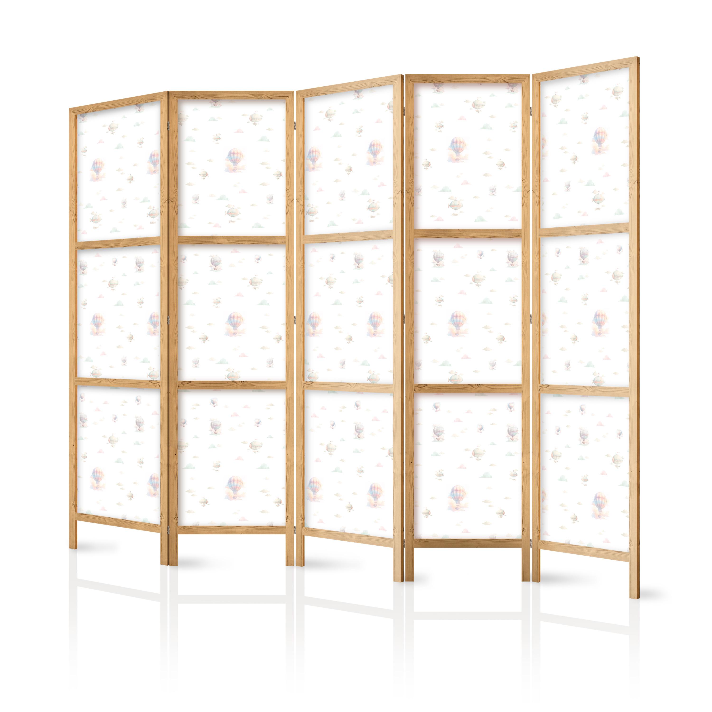 PARAVENT Japanischer 5-tlg 225x172 cm Luftballons Und Wolken - Weiß, Holz/Textil (225/172/3cm) - Muralo