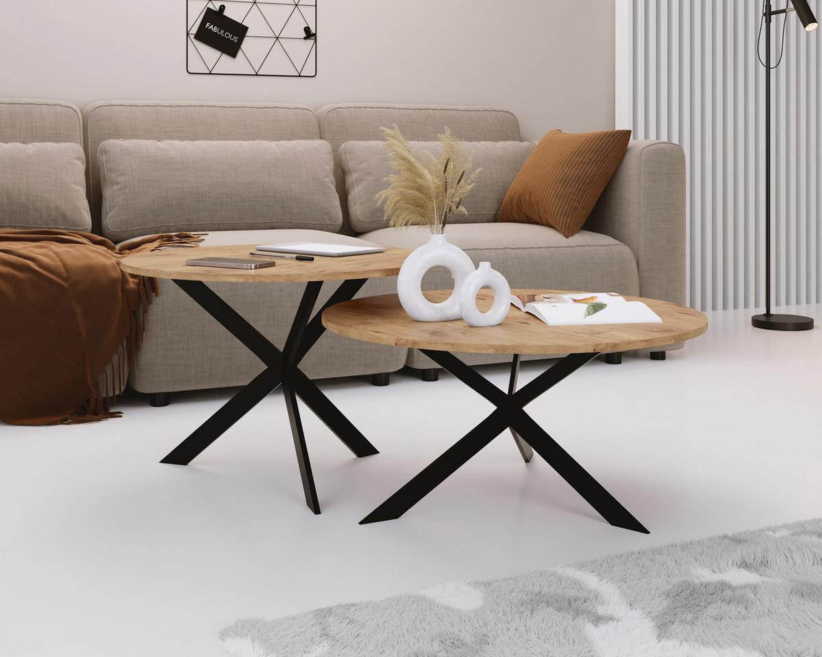 COUCHTISCH-SET Lev 2er-Set rund, Lancelot Eiche 75/36, 58/42 - Eichefarben/Schwarz, Holzwerkstoff/Metall (75/75/42cm) - WFL GROUP