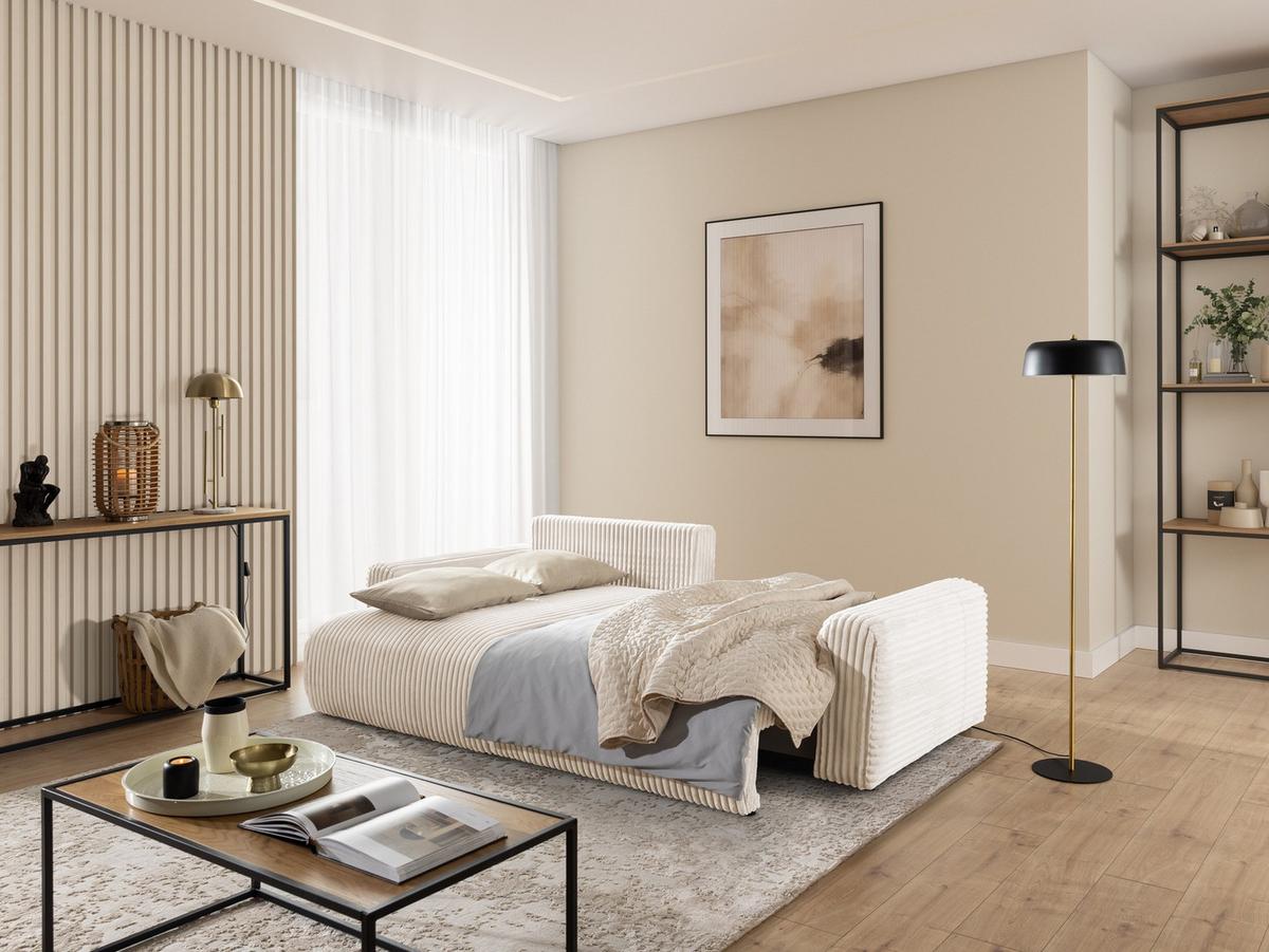 ECKSOFA Calma mit Schlaffunktion und Bettkasten im Bumpy-Design aus weichem Creme Plüschcord - Ottomane links - Creme/Schwarz, Holz/Kunststoff (239/140cm) - S-Style