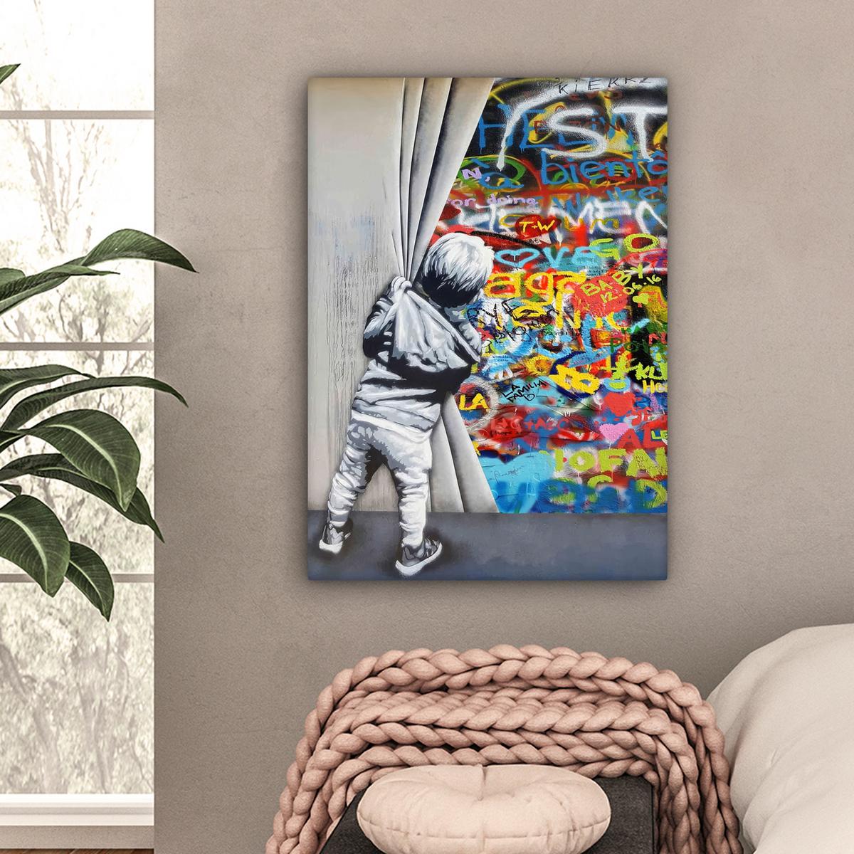 LEINWANDBILD Graffiti - Junge - Ilussie - Straßenkunst Wandbild Wohnzimmer 60x80 cm - Hellgrau, Textil (60/80cm) - MuchoWow