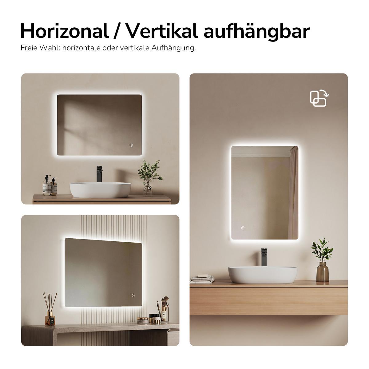 BADSPIEGEL LED abgerundet Kaltweiß Touch-Schalter Dimmbar 70/50 cm - Transparent, Glas (70/50/3cm) - EMKE