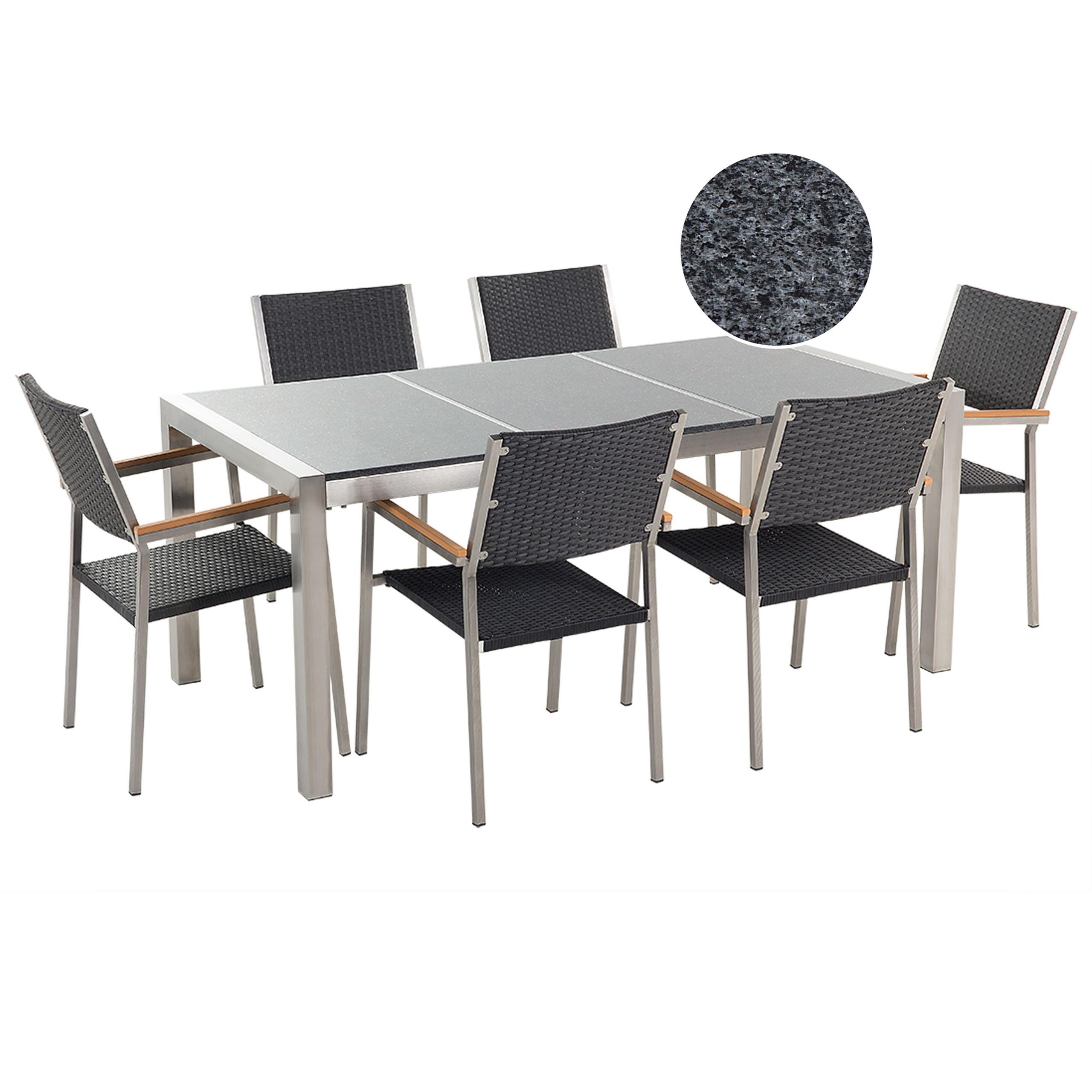 GARTENMÖBEL SET 6-Sitzer Granit Grau poliert Rattan Grosseto - Silberfarben/Schwarz, Metall - Beliani