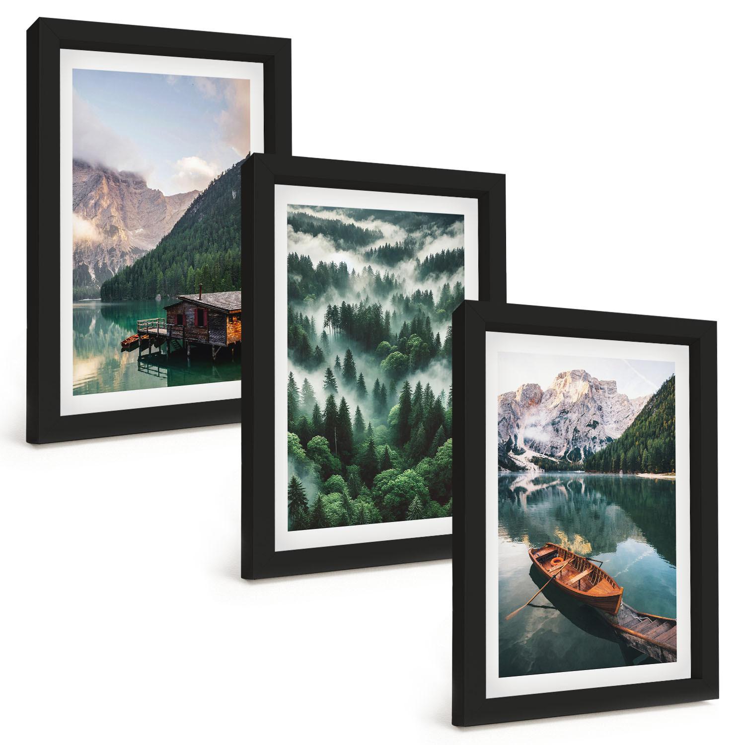 BILDER SET 3er Set - 20x30 cm Schwarzer Rahmen - Bergsee, Boot, Waldnebel - Schwarz, Kunststoff (20/30cm) - TULUP