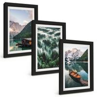 BILDER SET 3er Set - 20x30 cm Schwarzer Rahmen - Bergsee, Boot, Waldnebel - Schwarz, Kunststoff (20/30cm) - TULUP