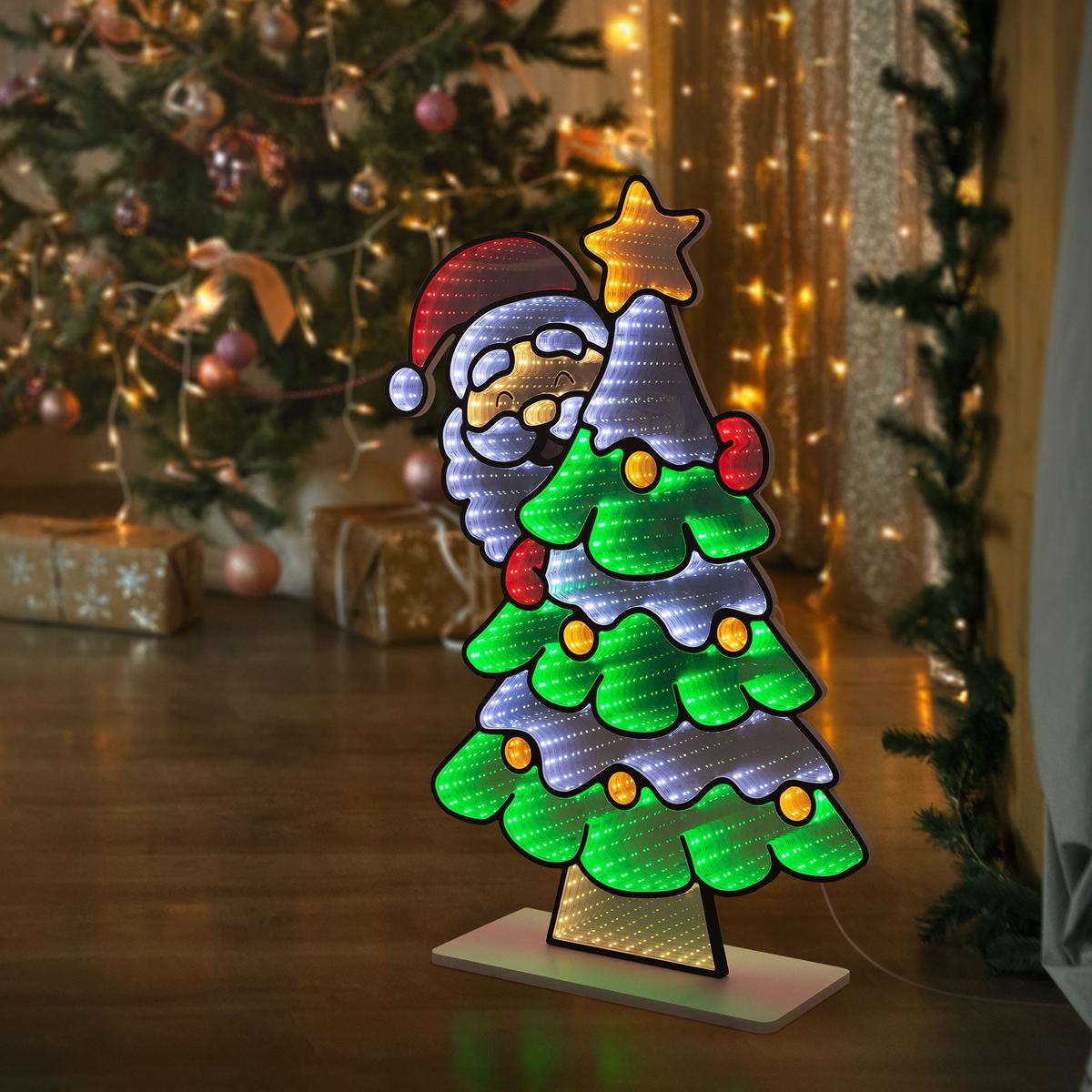 WEIHNACHTSDEKO Weihnachtsbaum mit Weihnachtsmann LED Infinity Mirror 3D-Effekt mit Lichterkette 58x80 cm Innen - Multicolor, Kunststoff (58/80/18cm) - ECD-Germany