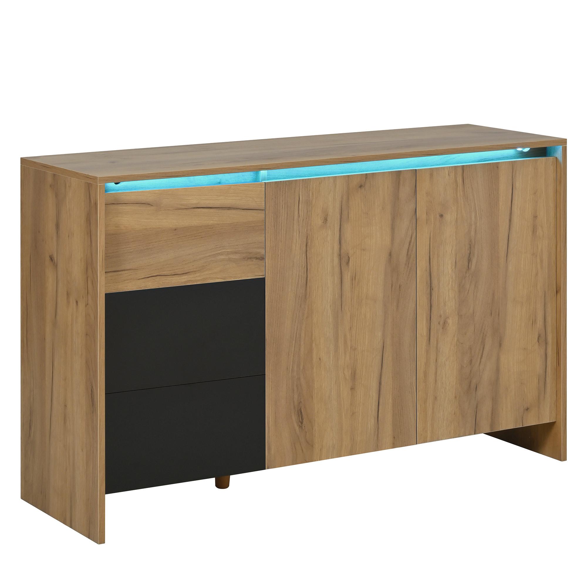 SIDEBOARD holzoptik & schwarz mit 3 schubladen, 2 türen & led-beleuchtung - Naturfarben, Holzwerkstoff (120/76/40cm) - Urban Meuble