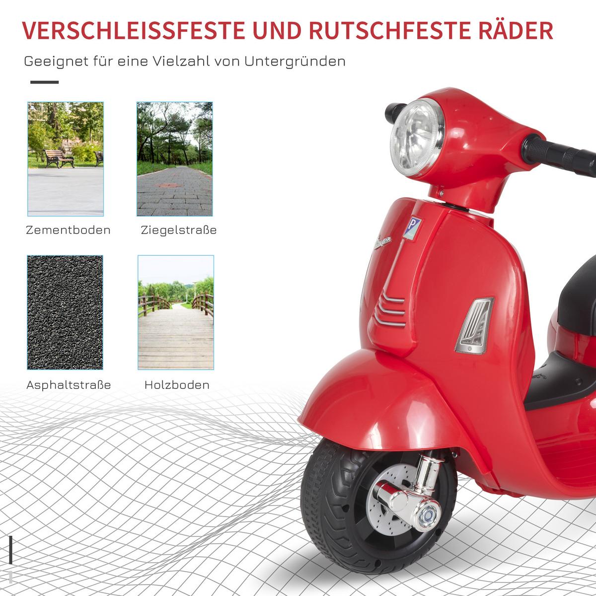 VESPA Elektromotorrad Kindermotorrad Elektrofahrzeuge 1,5 bis 3 Jahren Rot - Rot, Metall (66.5/38/52cm) - HOMCOM