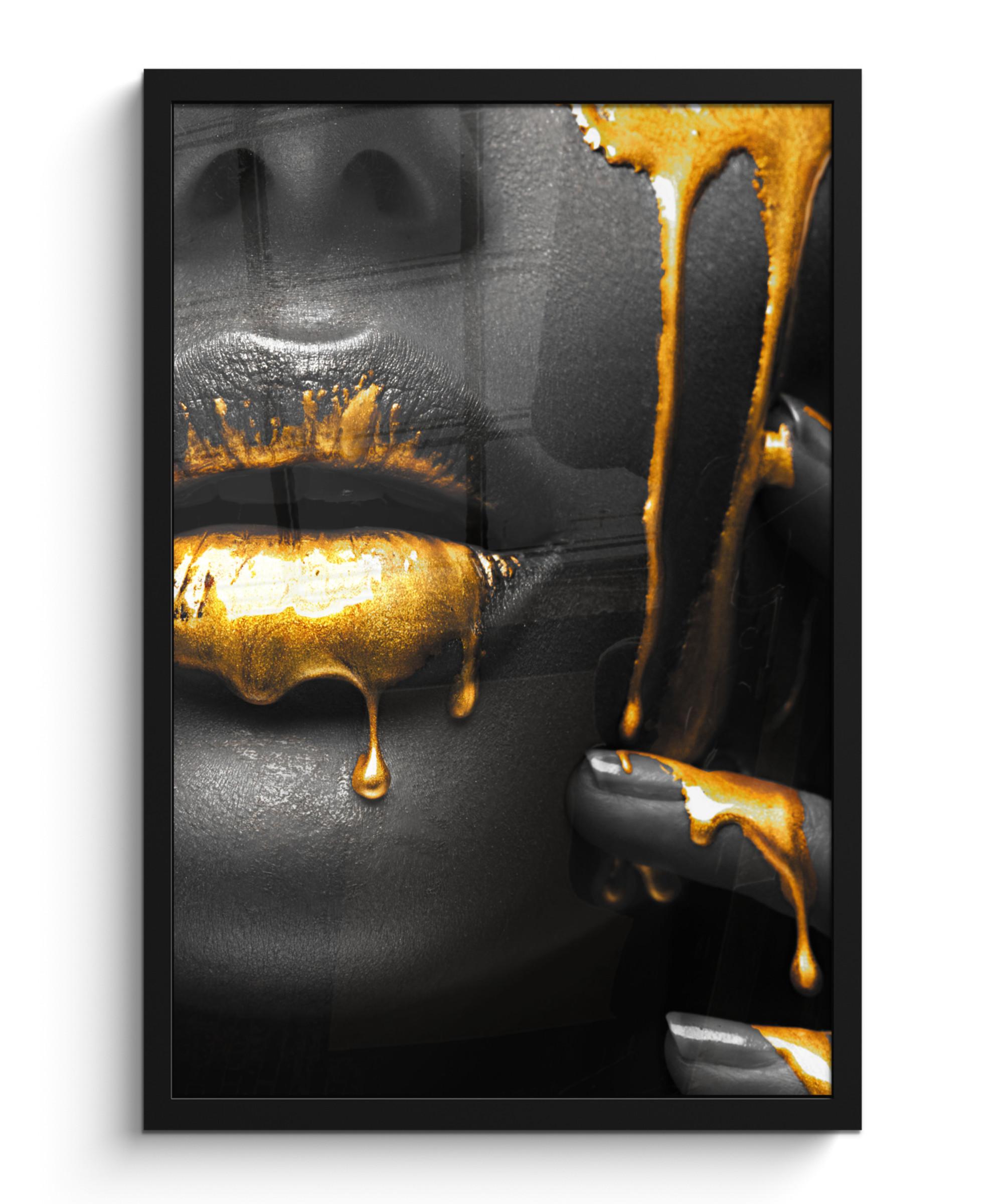 POSTER MIT RAHMENGERAHMTES BILD Frau - Schwarz - Gold - Gesicht - Lippen Bilder mit Rahmen 40x60 cm - Goldfarben, Papier (40/60cm) - MuchoWow