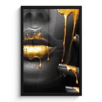 POSTER MIT RAHMENGERAHMTES BILD Frau - Schwarz - Gold - Gesicht - Lippen Bilder mit Rahmen 40x60 cm - Goldfarben, Papier (40/60cm) - MuchoWow