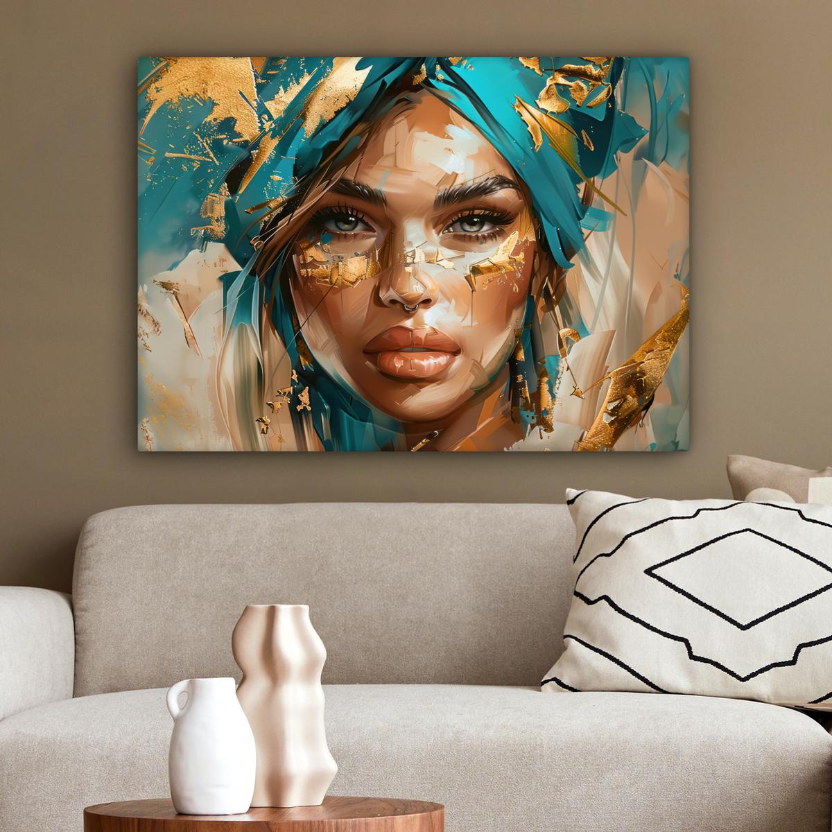LEINWANDBILD Frau - Porträt - Gold - Luxus - Blau Wandbilder 80x60 cm - Türkis, Textil (80/60cm) - MuchoWow