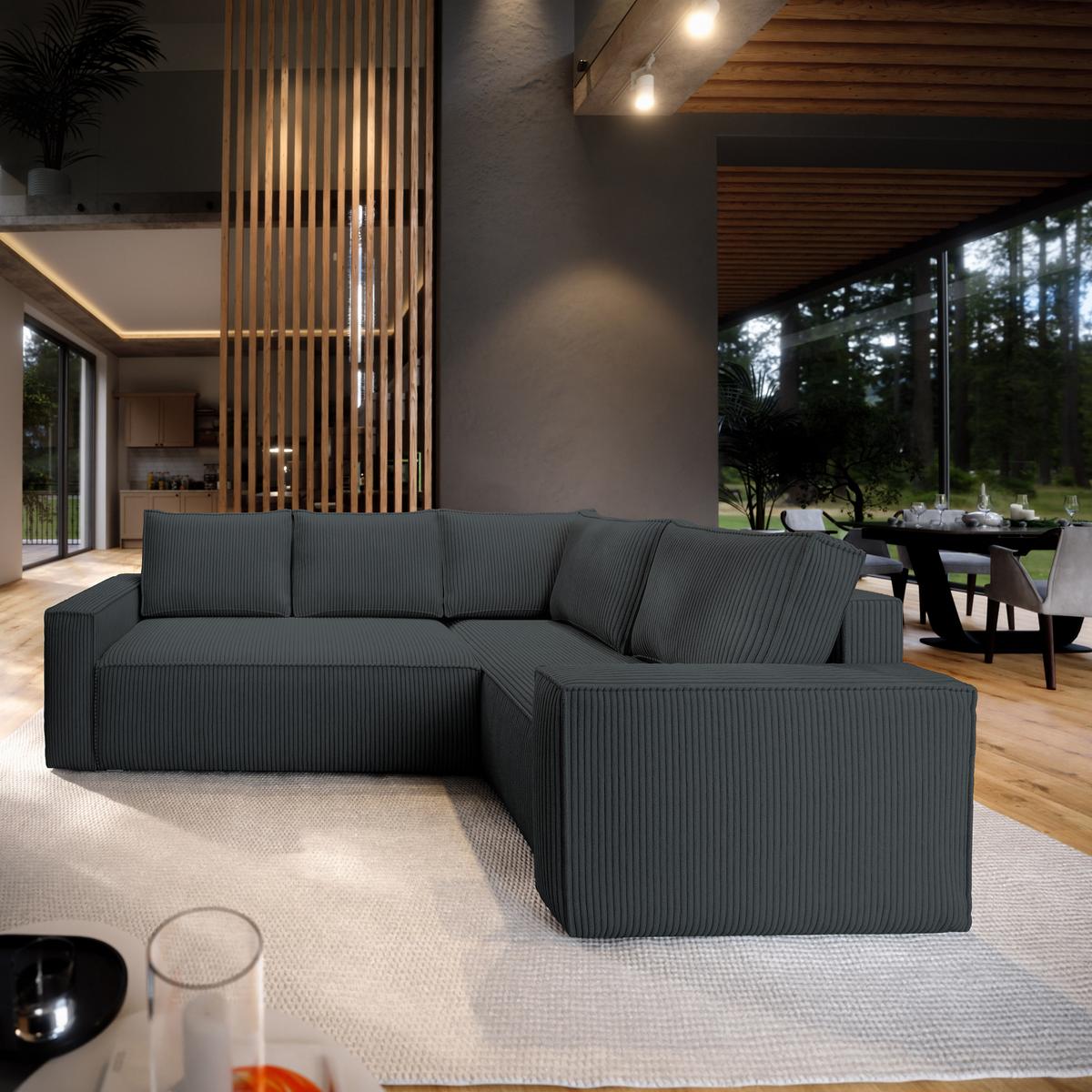 ECKSOFA ESTANO R-S Graphitfarben Kordstoff mit Schlaffunktion - Graphitfarben, Holz (230/158cm) - MASSENO