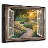 LEINWAND Bilder mit Rahmen - Aussicht - Blumen - Natur - Sonne - Weg - 40x30 - Hellgelb, Textil (40/30cm) - MuchoWow