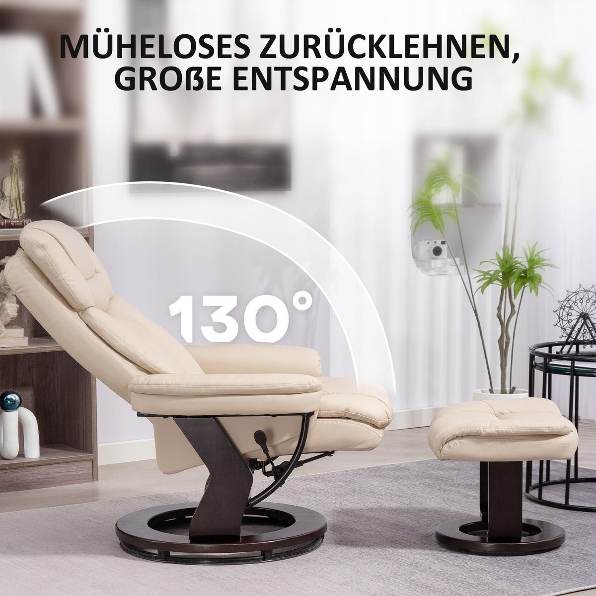 RELAXSESSEL mit Hocker drehbarer Fernsehsessel mit Liegefunktion Taschenfeder - Creme, Leder (83/107/86cm) - HOMCOM