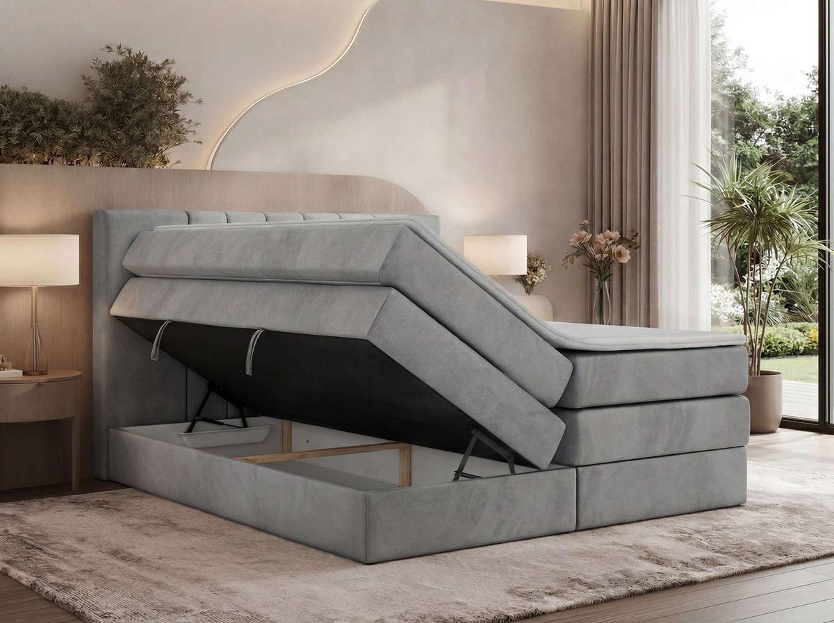 BOXSPRINGBETT INERO KING 140/200 - Hellgrau Velvet - Topper T25 - H3 - Hellgrau/Schwarz, Kunststoff/Textil (140/200cm) - MKS