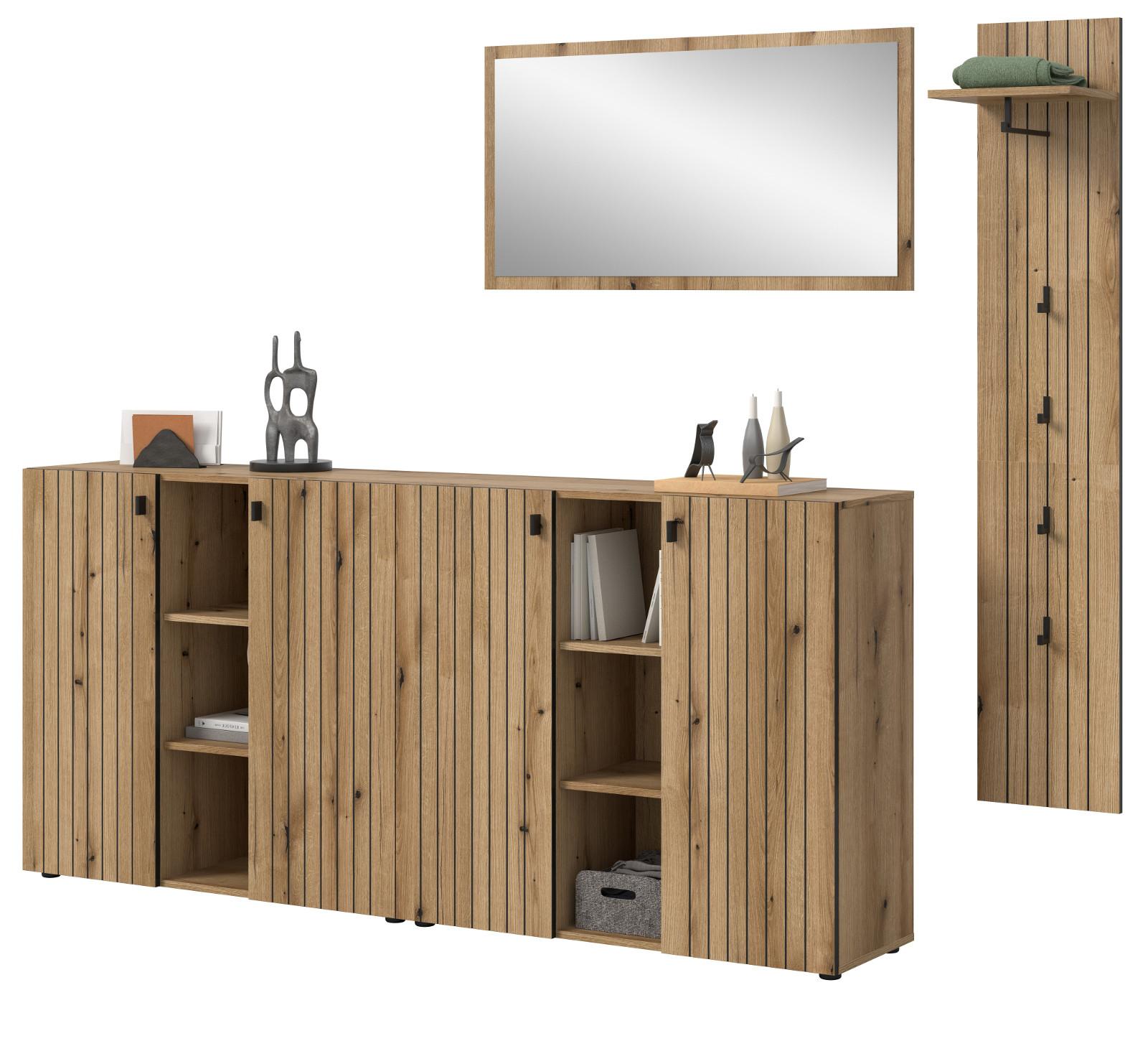 GARDEROBEN-SET Evoke Eiche 4-teilig 258 cm, Komplettset mit viel Stauraum - Schwarz/Eiche Artisan, Glas/Holzwerkstoff (258/192/37cm) - Inn.Furn