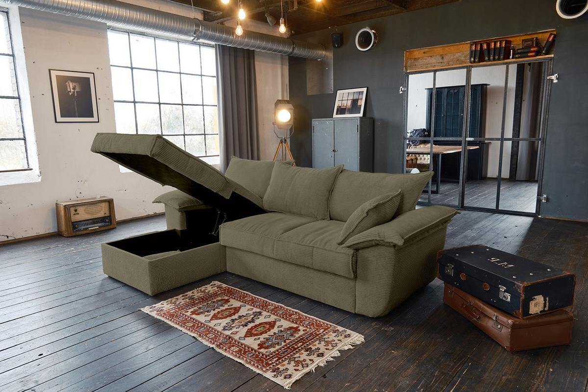 ECKSOFA DAMETO Grün Cord Mit Schlaffunktion - Schwarz/Olivgrün, Kunststoff/Textil (266/174cm) - KAWOLA