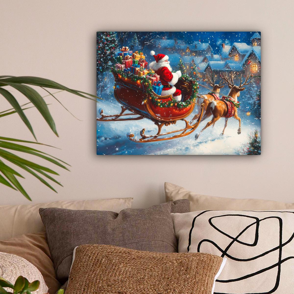 LEINWANDBILD Weihnachtsmann - Rentier - Weihnachten - Schnee Wandbild 40x30 cm - Cognac, Textil (40/30cm) - MuchoWow