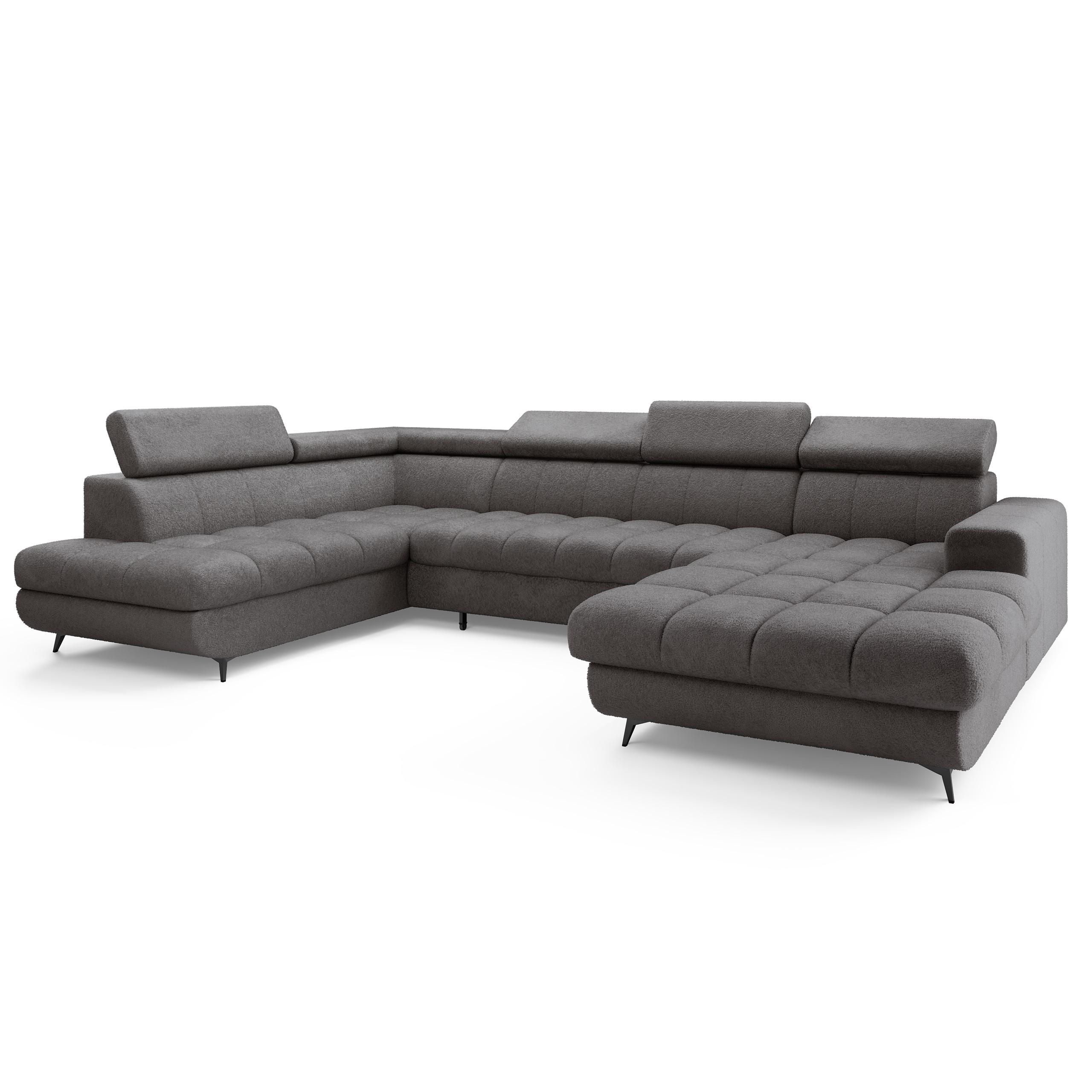 WOHNLANDSCHAFT CORENO Grau Boucle-Stoff mit Schlaffunktion - Grau, Holz (345/88/190cm) - MASSENO