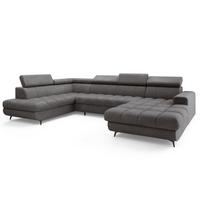 WOHNLANDSCHAFT CORENO Grau Boucle-Stoff mit Schlaffunktion - Grau, Holz (345/88/190cm) - MASSENO