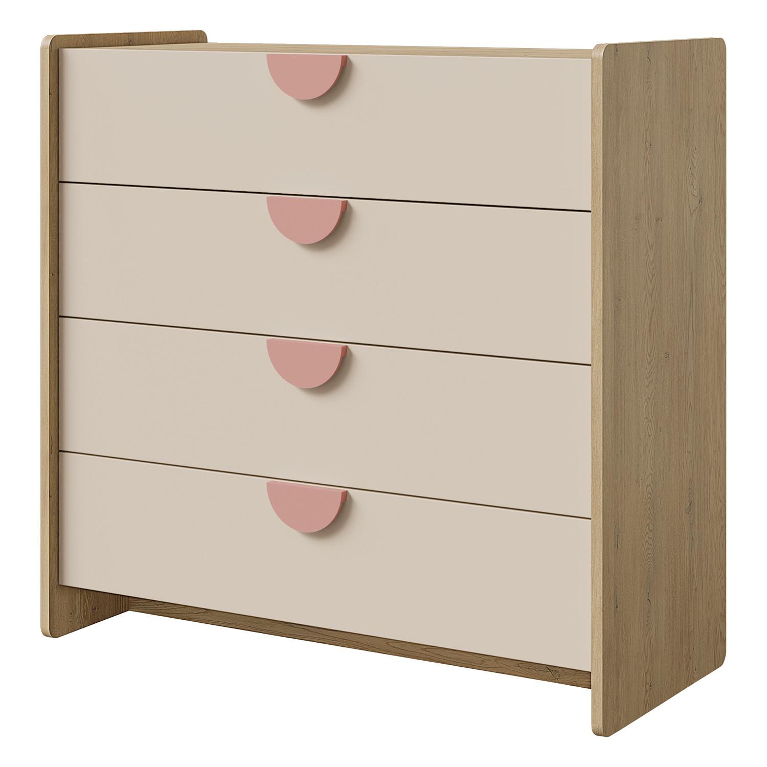 KOMMODE Lena für Kinder und Jugendliche mit 4 Schubladen, 90 cm, Eiche Cremona/Macadamia/Puderrosa - Eichefarben/Beige, Holzwerkstoff (93/91/40cm) - Beautysofa