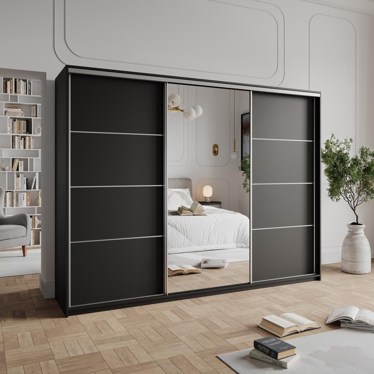 SCHWEBETÜRENSCHRANK VARO 270/205/60 cm 3-türig mit Spiegel Schwarz - Schwarz, Holzwerkstoff (270/205/60cm) - MASSENO