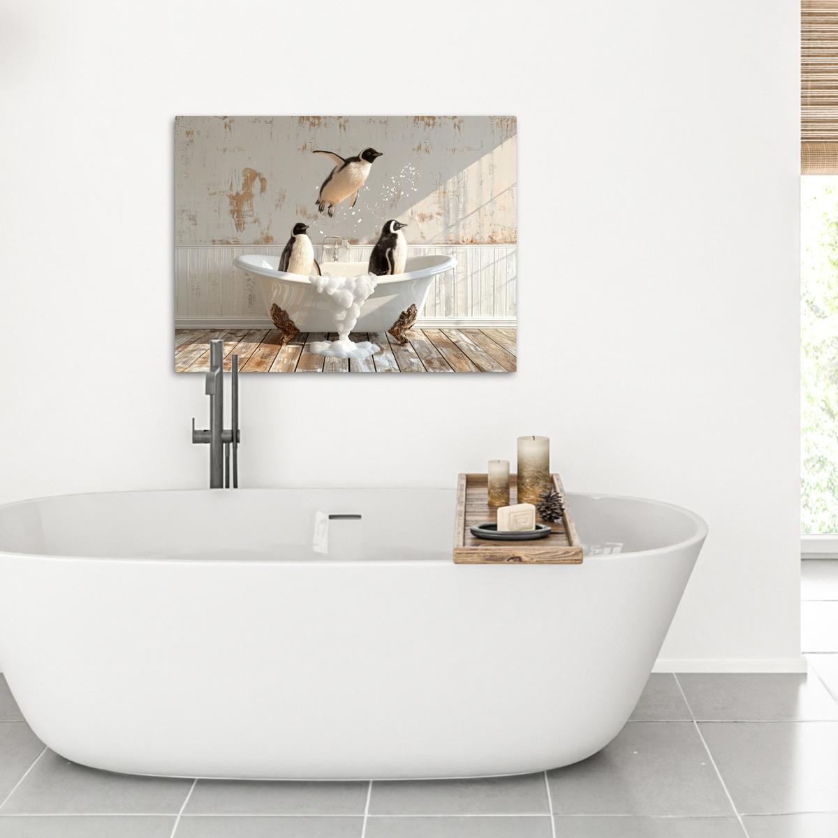 LEINWANDBILD Vintage - Pinguin - Badewanne - Schaumstoff Wandbilder 80x60 cm - Schwarz, Textil (80/60cm) - MuchoWow