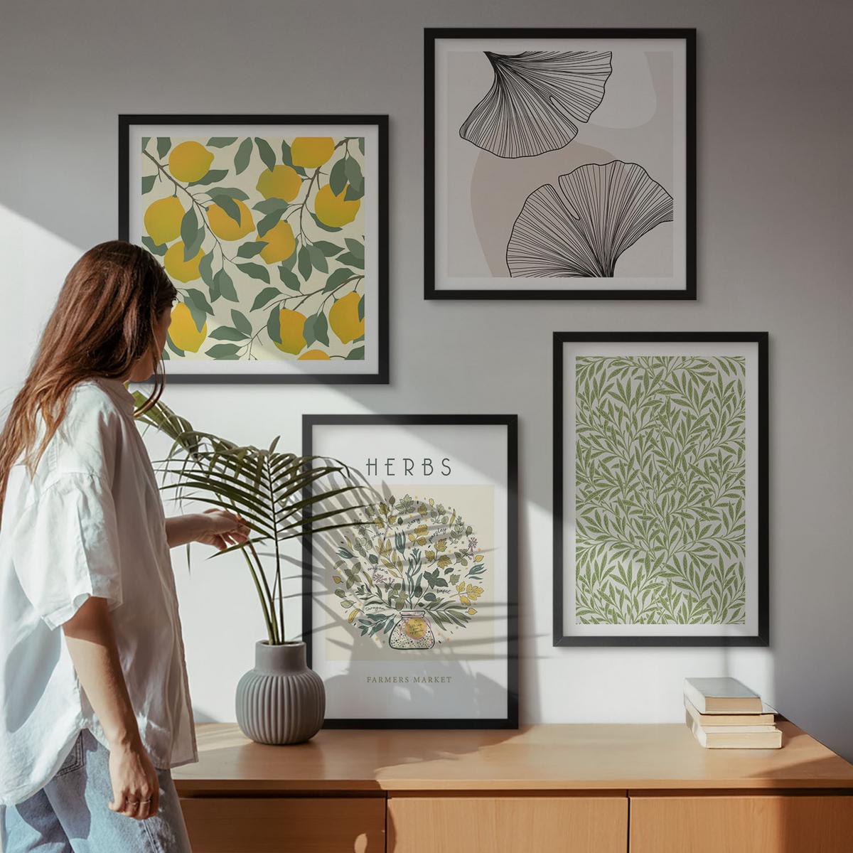 BILDER SET 4er Set - 50x50 cm & 40x60 cm Schwarzer Rahmen - Zitronenkräuter und -blätter - Schwarz, Kunststoff (50/50cm) - TULUP