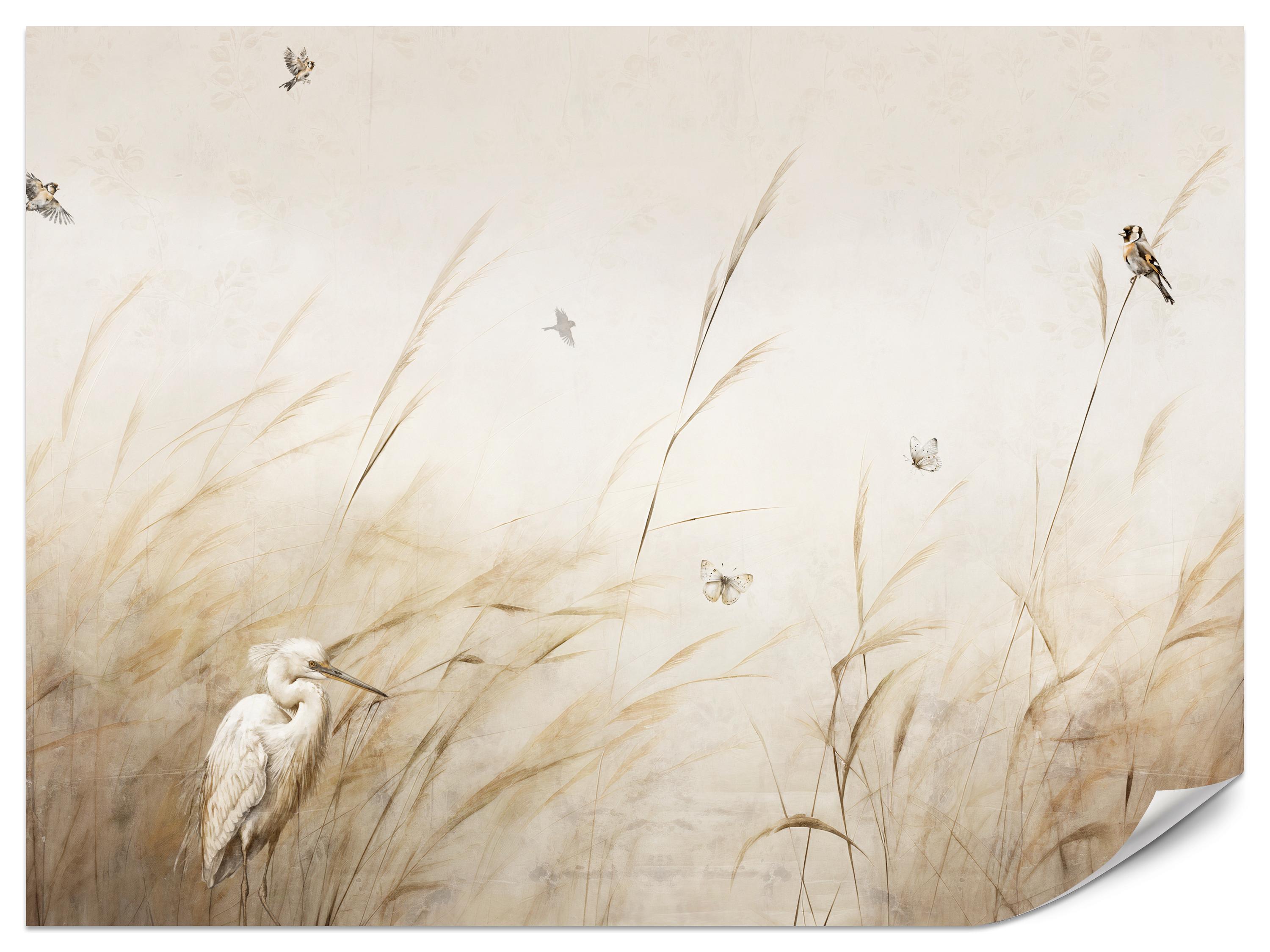 FOTOTAPETE für Schlafzimmer Vögel Storch Hohe Gräser Aquarell 500x350 - Beige/Gelb, Papier (500/350cm) - Muralo