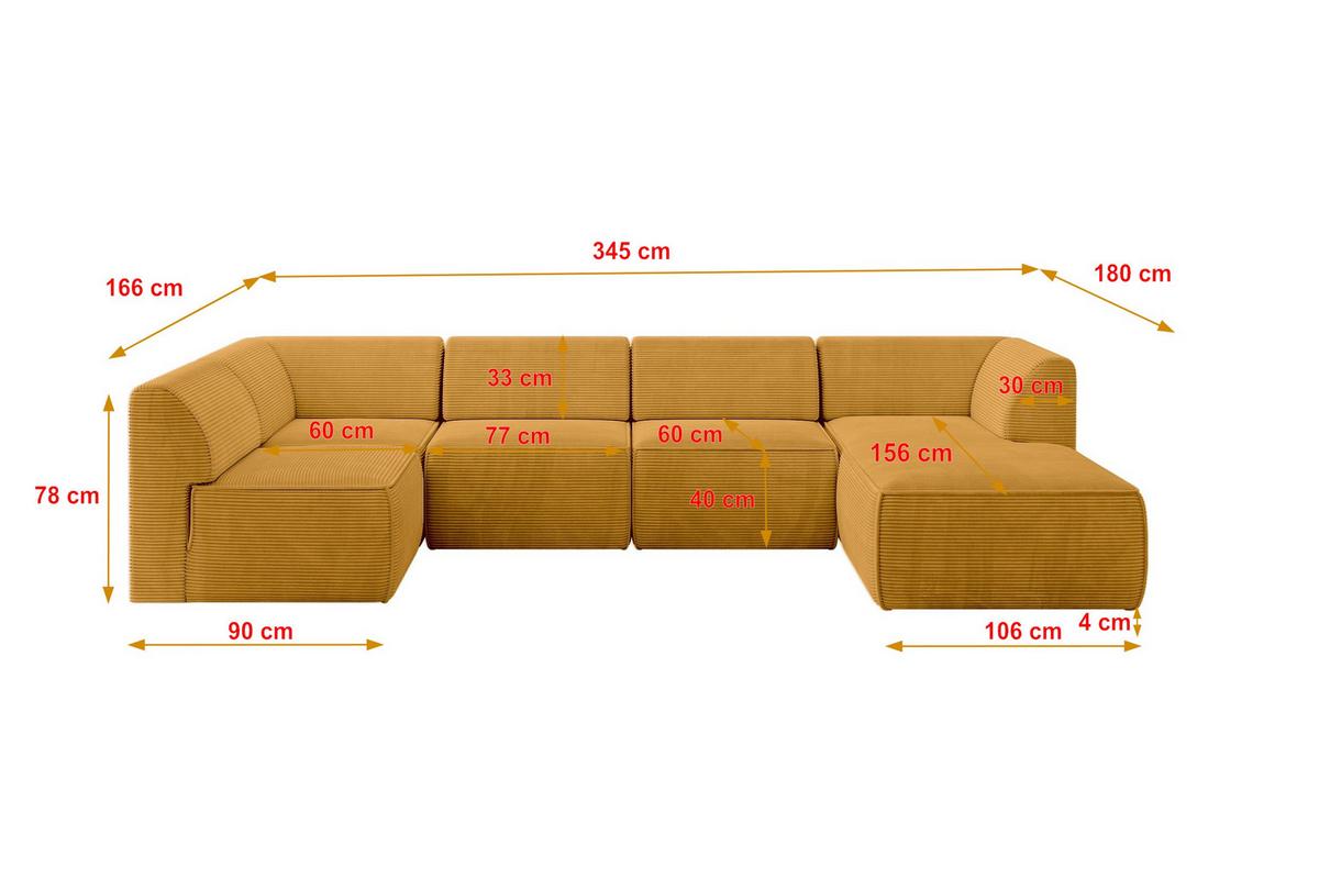 WOHNLANDSCHAFT Ottomane Rechts MOVO-L 345x180x78 cm Senffarbe Cord - Honig, Holzwerkstoff/Kunststoff (180/78/345cm) - ALTDECOR