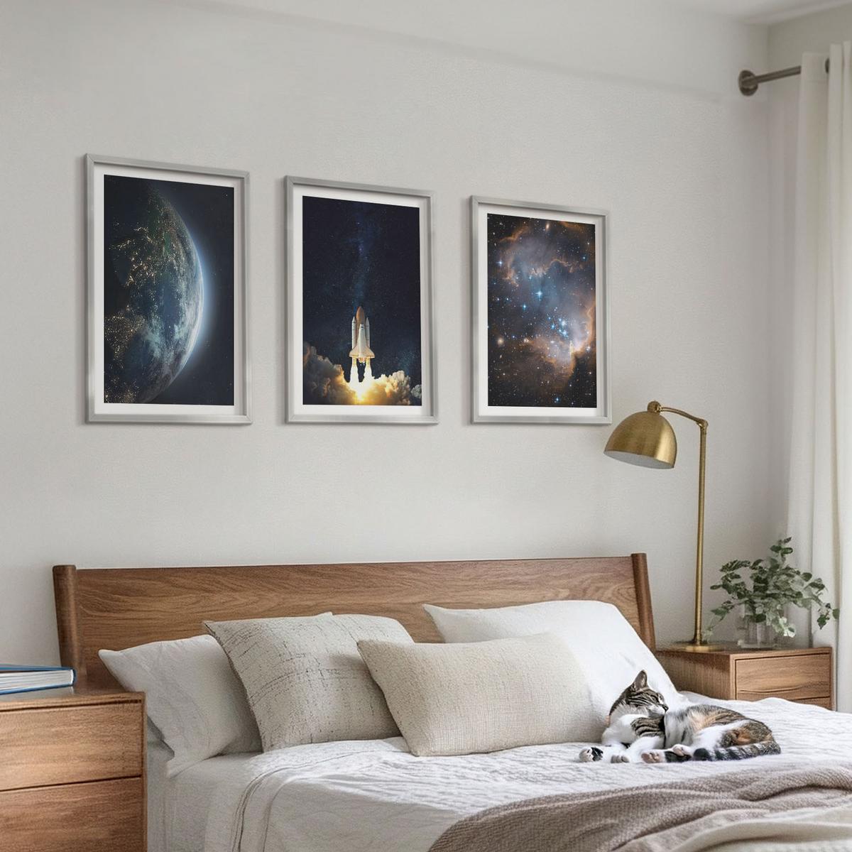 BILDER SET 3er Set - 40x60 cm Silberner Rahmen - Weltraum Erde Rakete Galaxie - Silberfarben, Kunststoff (40/60cm) - TULUP