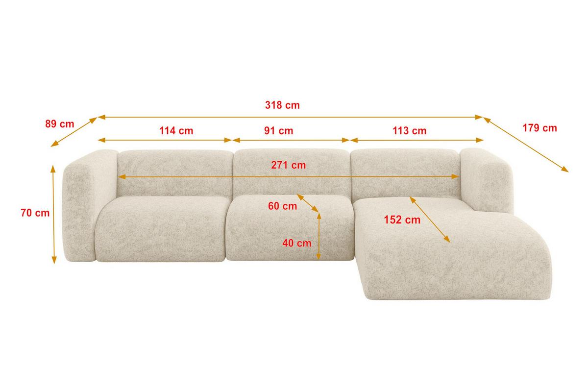 ECKSOFA Ottomane Rechts MIRA-L2 318x179x89 Creme Velours - Creme/Schwarz, Holzwerkstoff/Kunststoff (318/179cm) - ALTDECOR