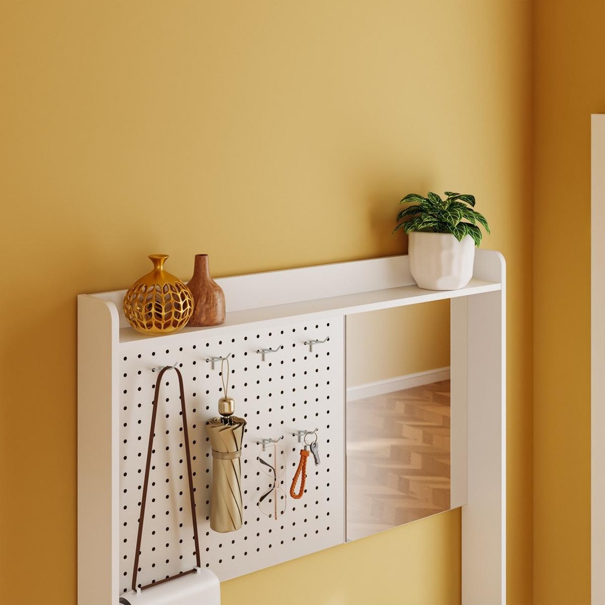 SCHUHSCHRANK mit Spiegel und Pegboard FSR233-W - Silberfarben/Weiß, Holzwerkstoff/Kunststoff (83/197/14cm) - SoBuy