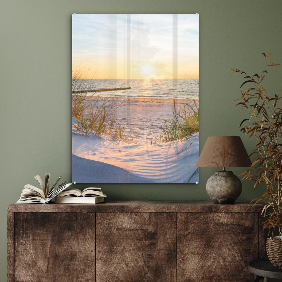 ACRYLGLASBILD Strand - Sonne - Düne - Gras - Sand - Horizont 60x80 cm - Hellblau, Glas (60/80cm) - MuchoWow