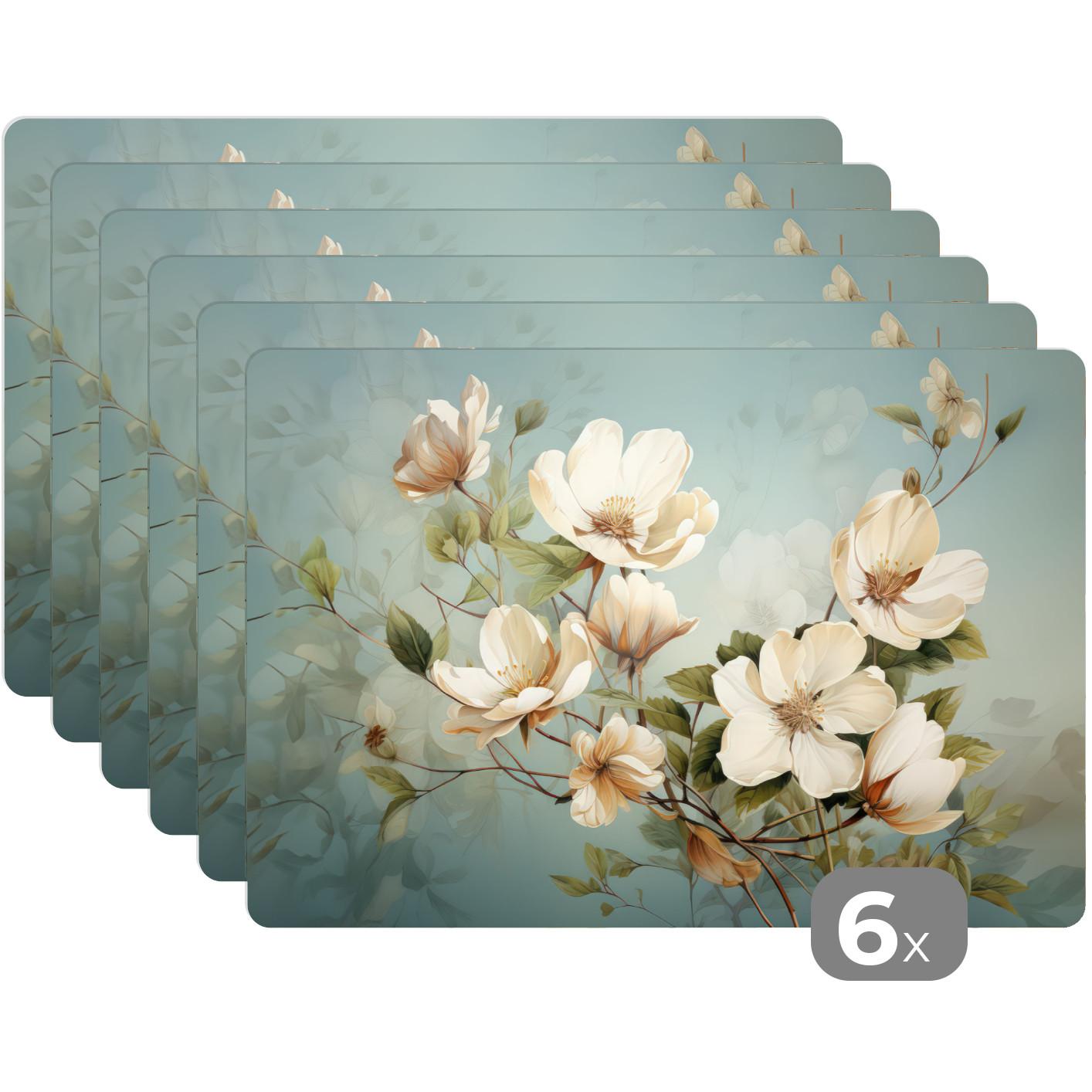 PLATZSETS 6er-Set Blumen - Weiß - Natur - Vintage Tischunterlage 45x30 cm - Magnolie, Kunststoff (0.3/45/30cm) - MuchoWow