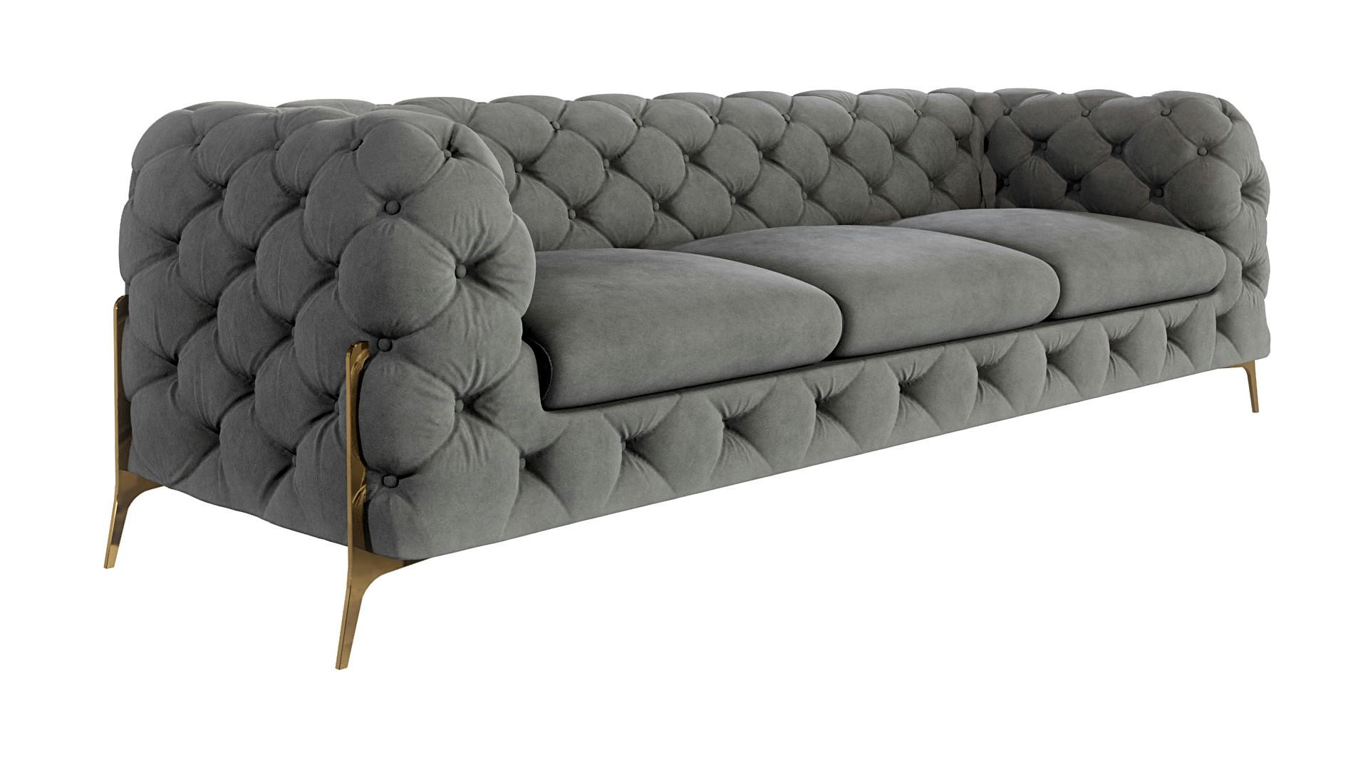 CHESTERFIELD-SOFA 3-Sitzer Lexi Grau Samt - Goldfarben/Grau, Holz/Textil (243/75/100cm) - S-Style Möbel