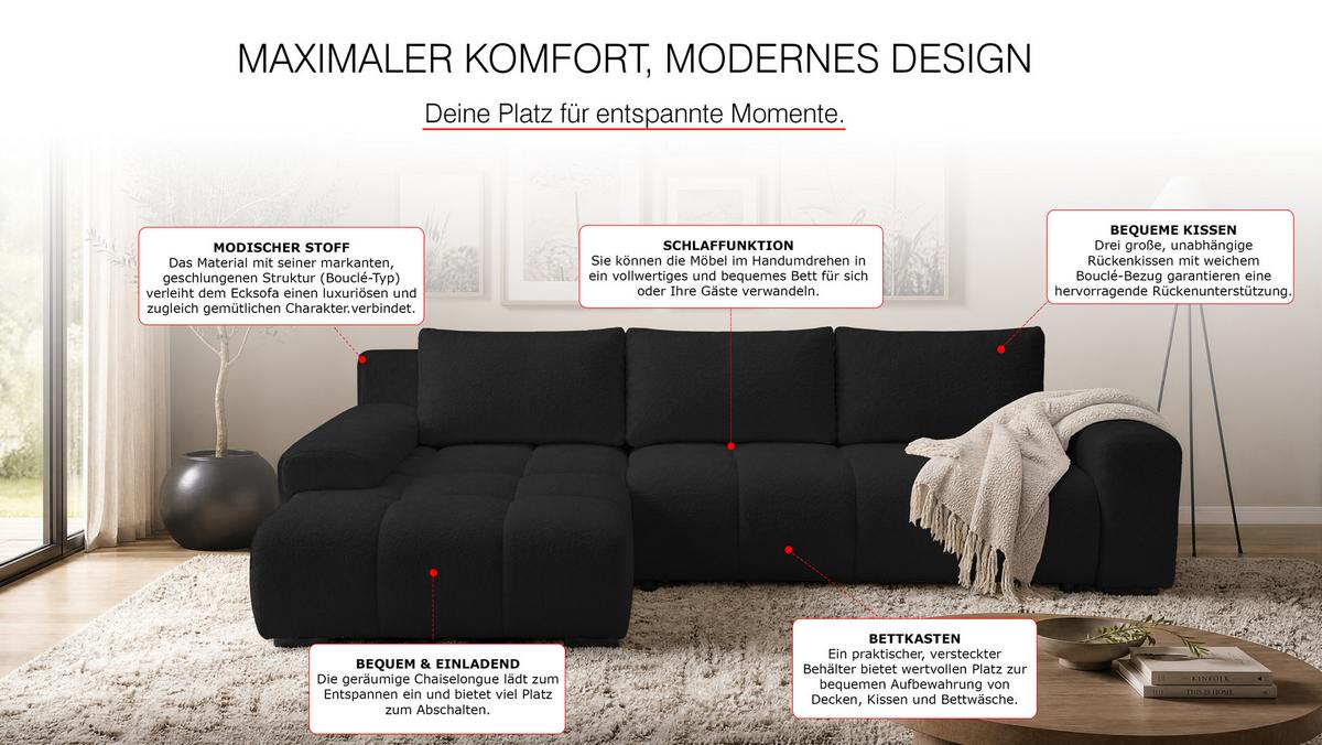 ECKSOFA Ovia mit Bettkasten und Schlaffunktion, Bouclé-Stoff in L-Form - Schwarz, Textil (270/185cm)