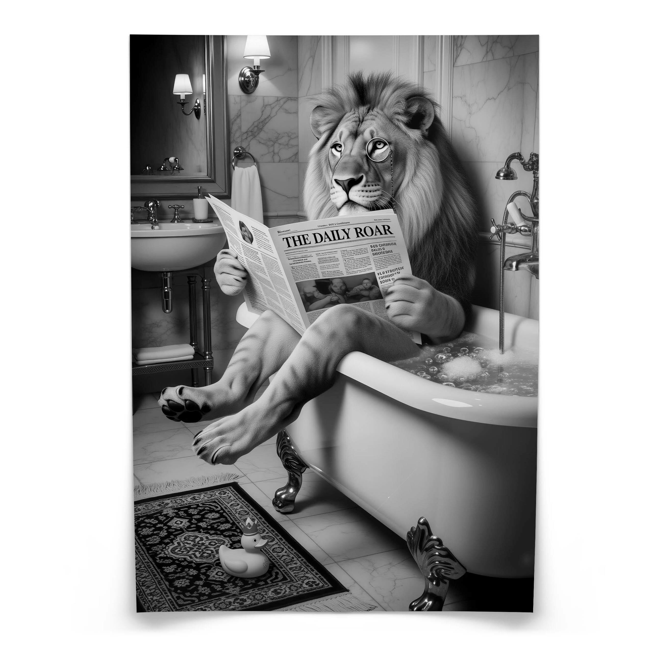 POSTER für Badezimmer WC LÖWE in Badewanne Zeitung Abstraktion 30x40cm - Schwarz/Weiß, Papier (30/40/1cm) - Muralo
