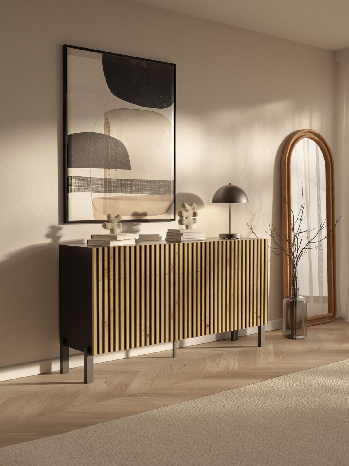 SIDEBOARD Telire 3-türig Schwarz / Artisan Eiche-Optik, 154 cm - Eichefarben/Schwarz, Holzwerkstoff/Metall (154/80.4/34cm) - Selsey