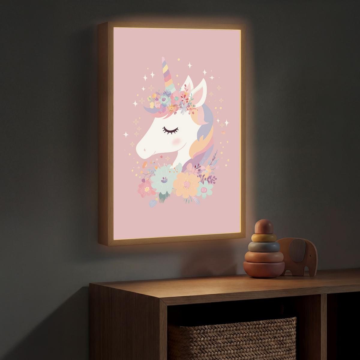 WANDLEUCHTE MIT AKKU Einhorn - Rosa - Blumen 40x60 cm - Rosa, Holzwerkstoff (40/60/8cm) - OnlyWow