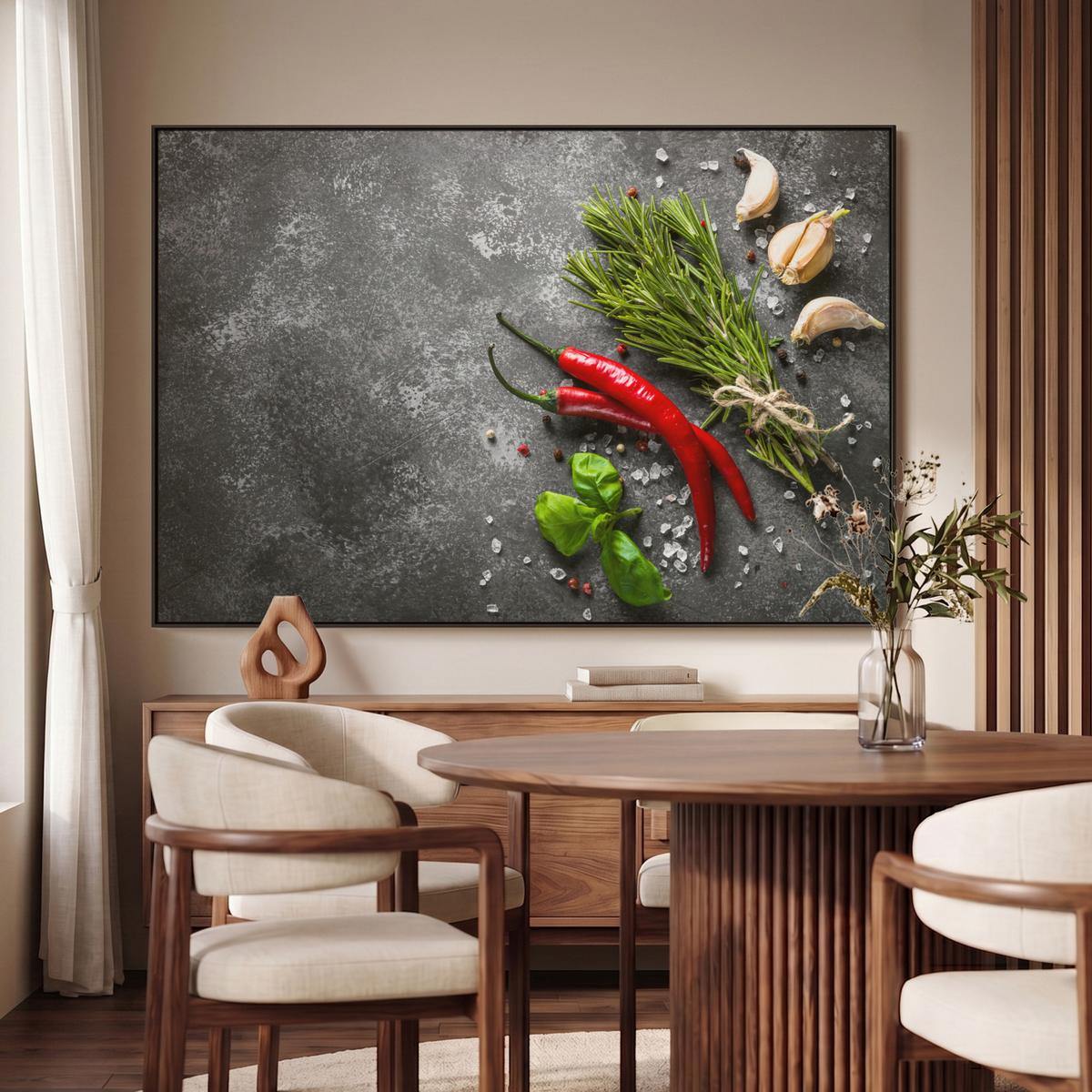 LEINWAND Bilder mit Rahmen - Pfeffer - Kräuter - Gewürze - Beton - 150x100 - Dunkelgrau, Textil (150/100cm) - MuchoWow